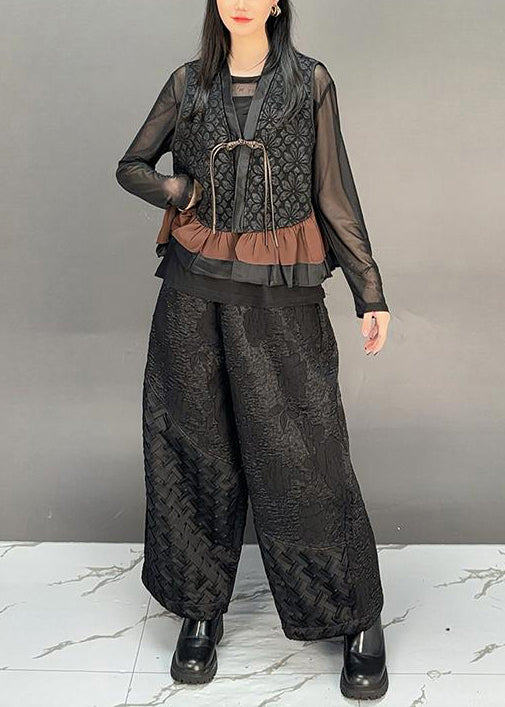 Brown V Neck Tassel Ruffled Cotton Vest Fall
