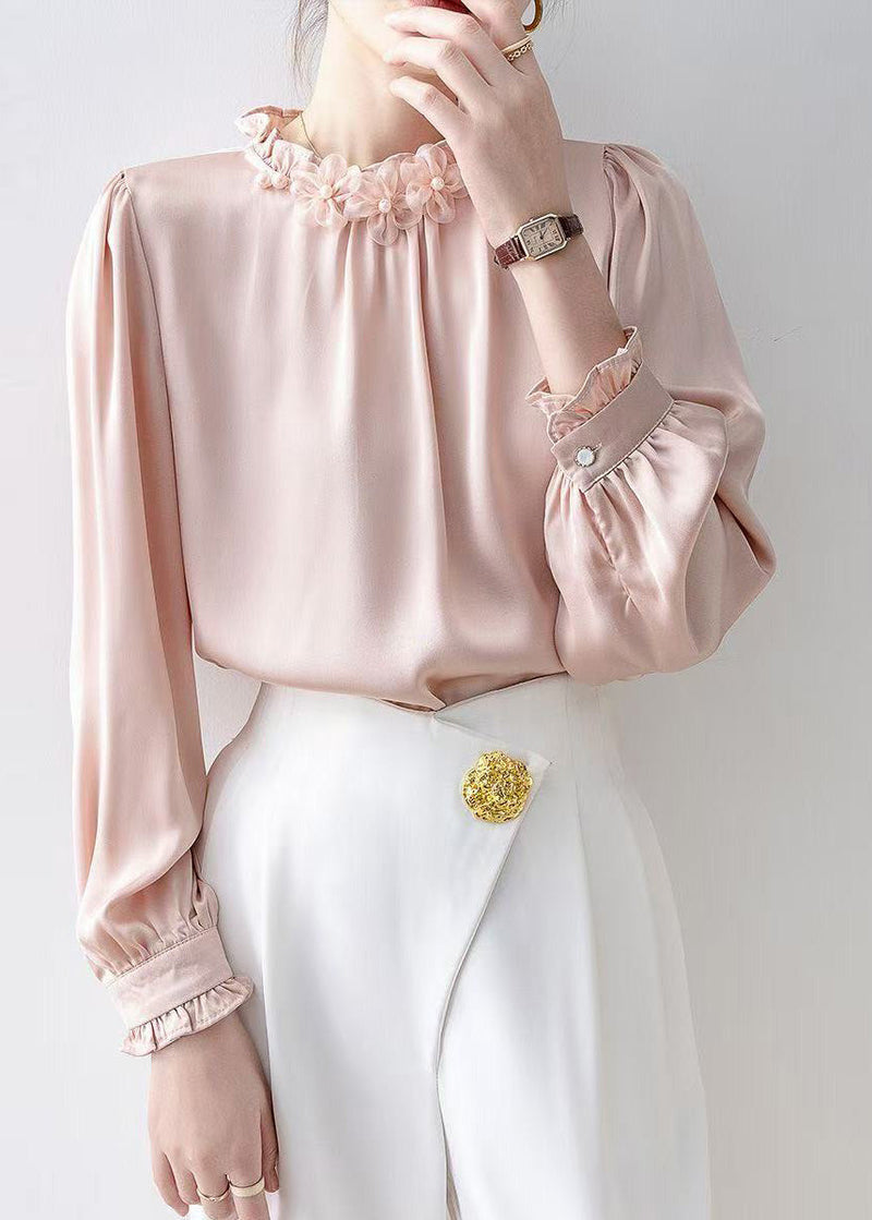 Pink Ruffled Chiffon Tops Spring
