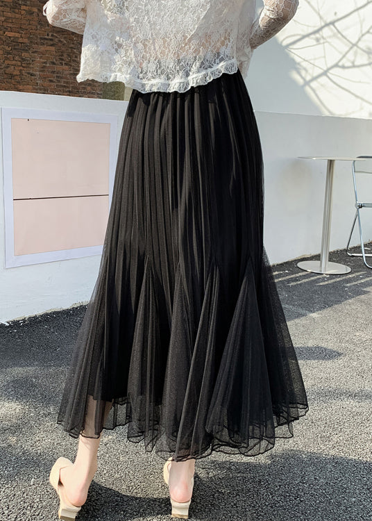 Black Loose Tulle Pleated Skirt Elastic Waist