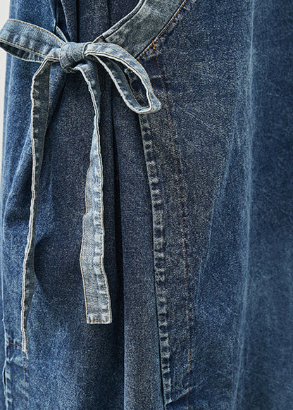 Blue Oversized Lace Up Denim Long Vests Fall
