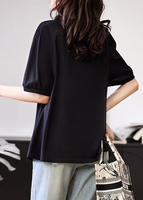 Black Asymmetrical Wrinkled Patchwork Cotton T Shirt Summer