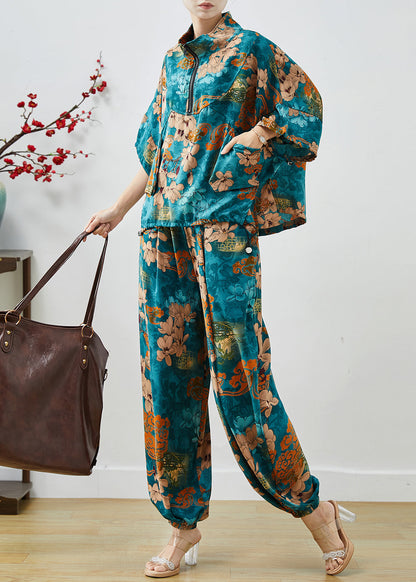 Sea Blue Zip Up Print Chiffon Two Pieces Set Summer