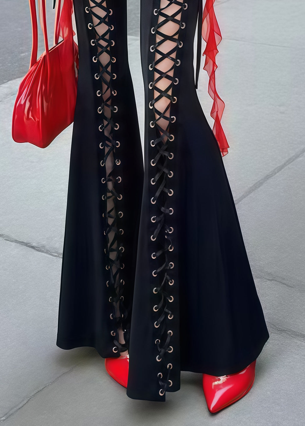 Black Cross Strap Tummy Control Bell-bottom Trousers Fall