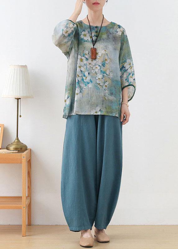 Blue Retro O-neck Fall Blouses Three Quarter Sleeve
