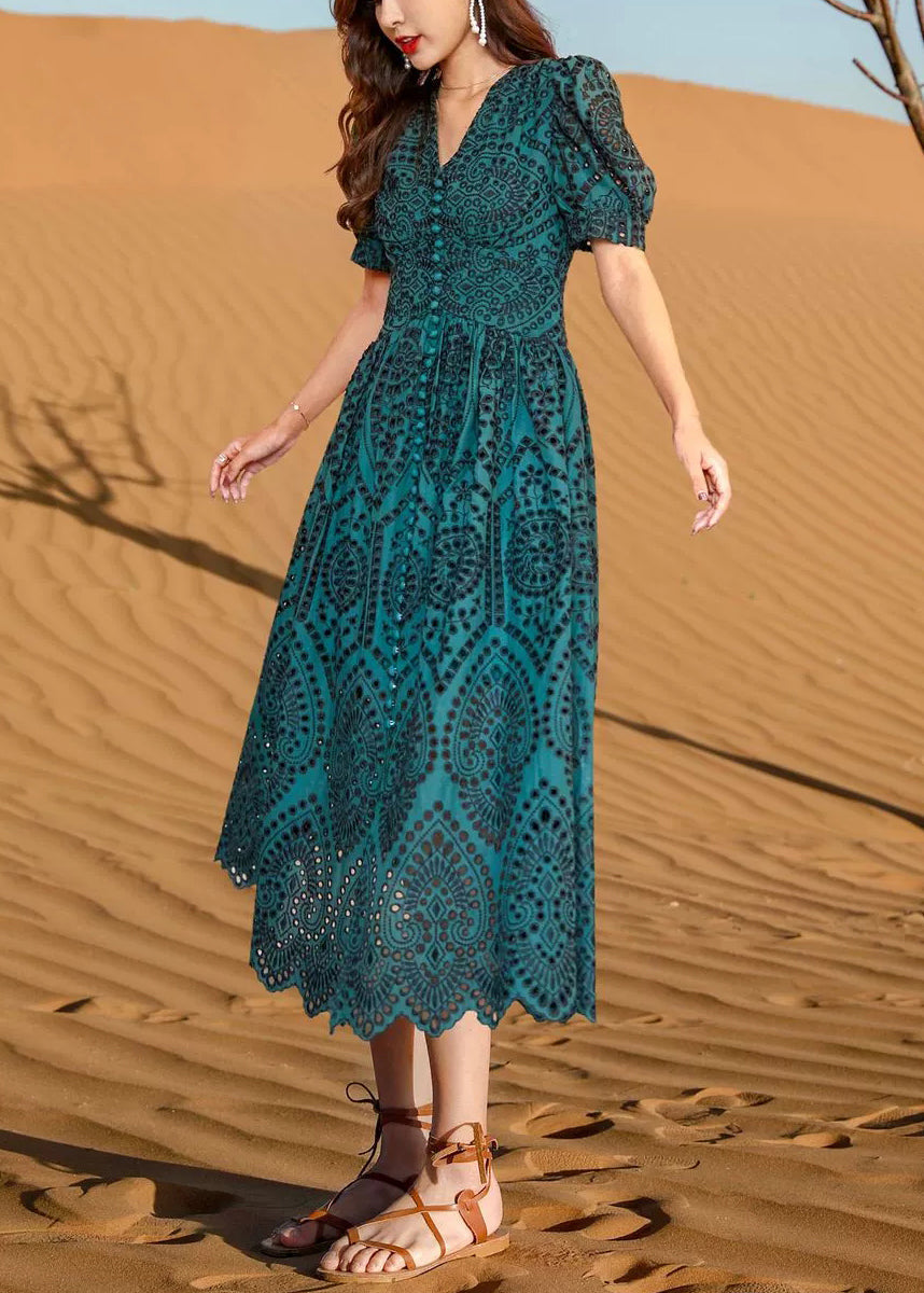Blackish Green V Neck Hollow Out Cotton Dresses Summer