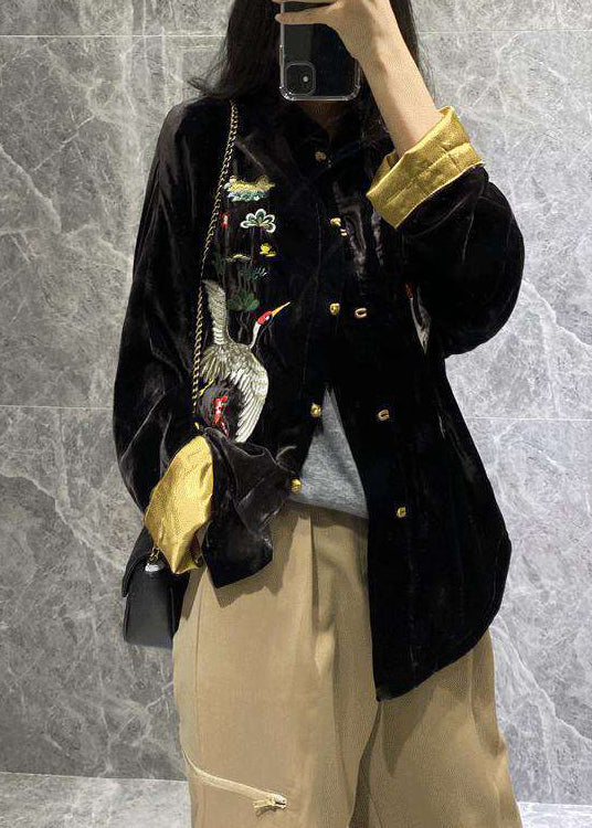 Black Mandarin Collar Print Velour Coats Long Sleeve