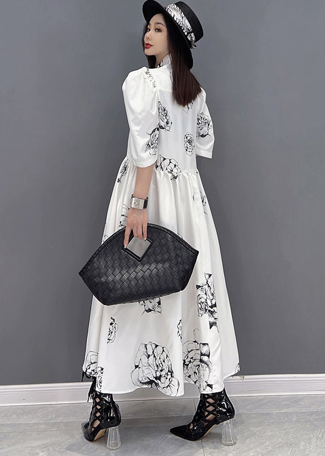 White Peter Pan Collar Print Chiffon Maxi Cinch Dress Half Sleeve