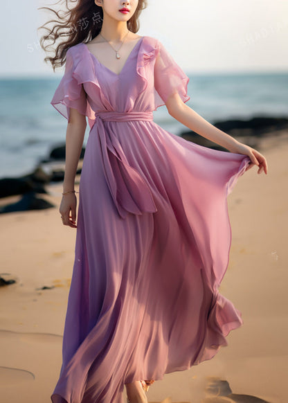 French Pink Tie Waist Patchwork Chiffon Dresses Butterfly Sleeve Summer