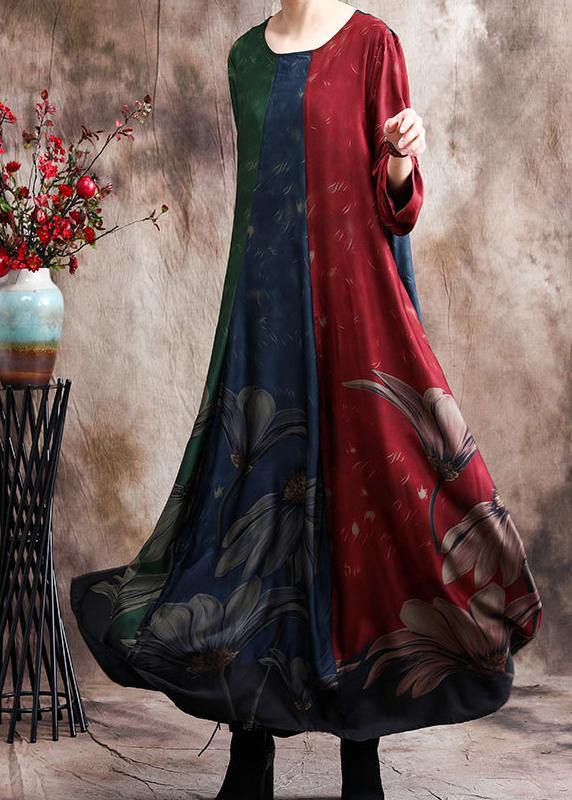 Simple Print O Neck Satin Dress Loose Spring Dresses