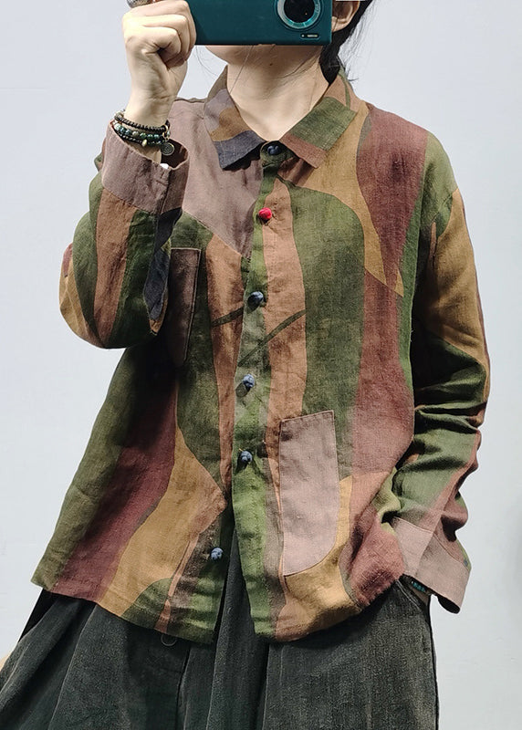 Green Wrinkled Patchwork Linen Shirt Tops Long Sleeve