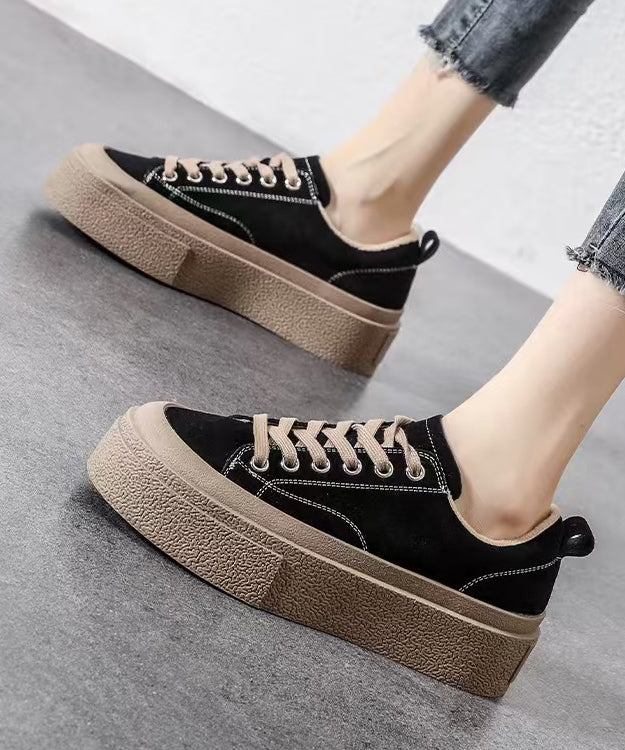 Black Platform Suede Splicing Flat Shoes Lace Up