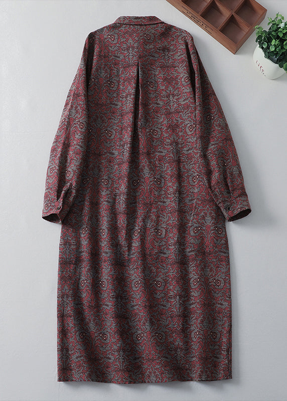 Peter Pan Collar Print Pockets Cotton Shirts Dress Spring