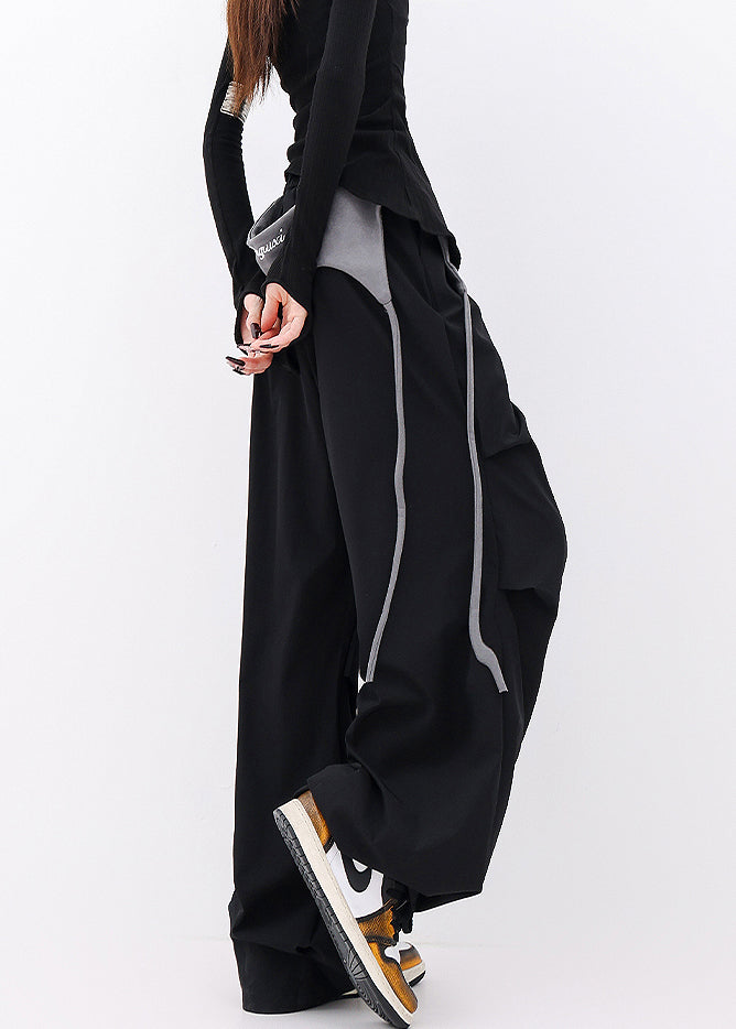 Black Pockets Wrinkled Cotton Wide Leg Pants Fall
