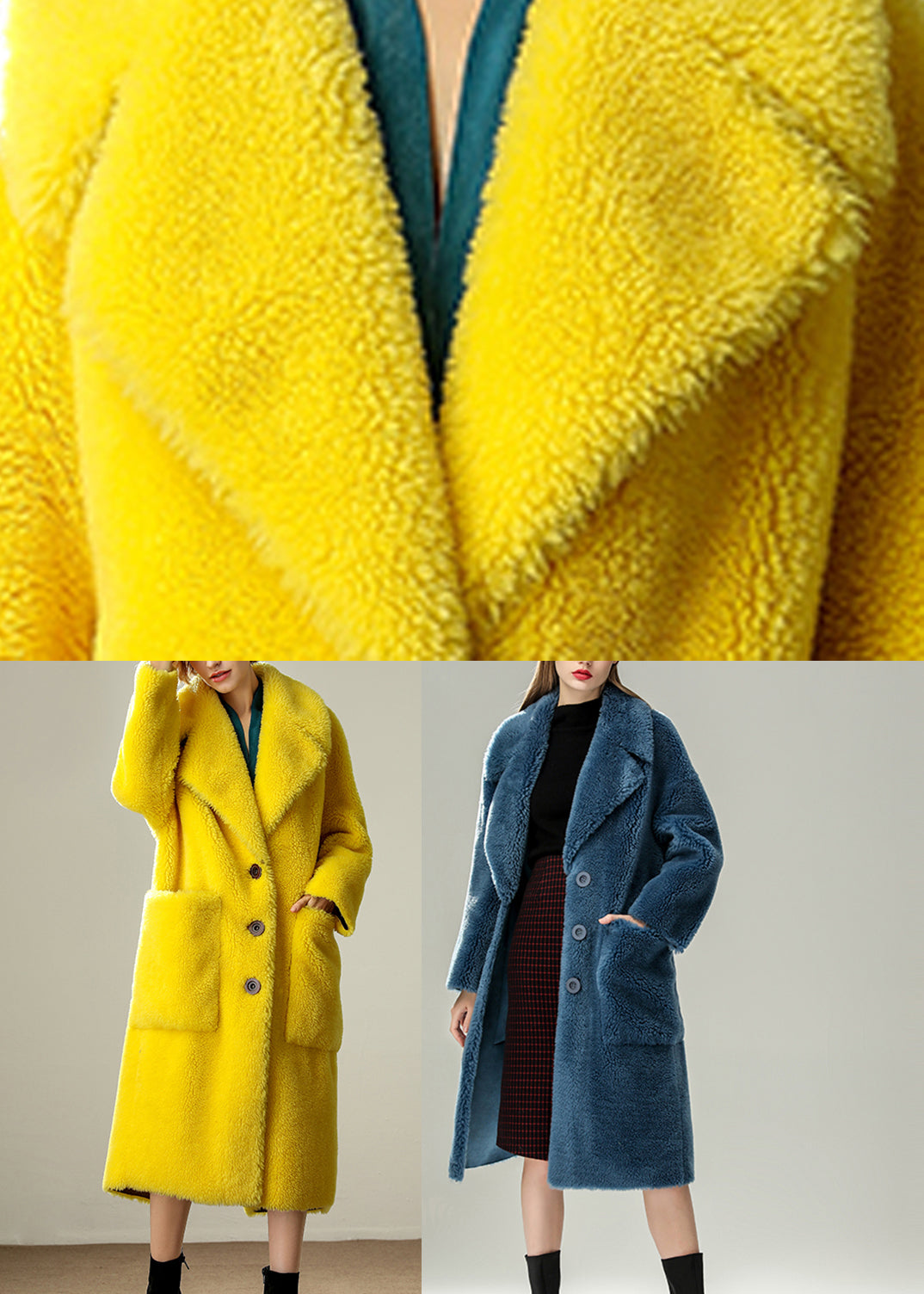Blue Patchwork Button Faux Fur Maxi Coats Winter