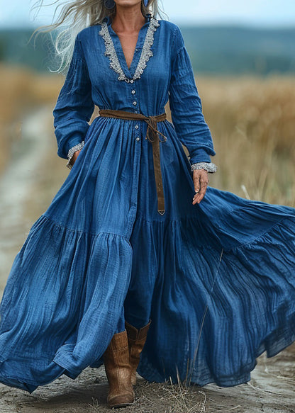 Blue V Neck Wrinkled Patchwork Cotton Long Dresses Spring