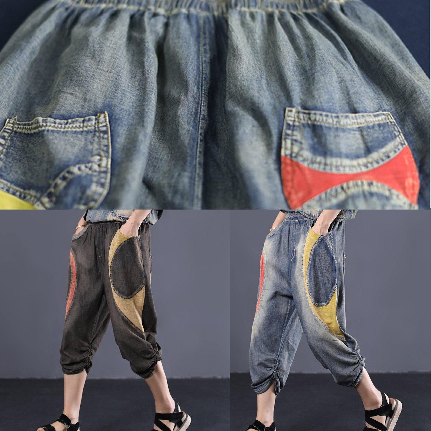 Blue Cotton New Patchwork Pants Loose Cinched Jeans