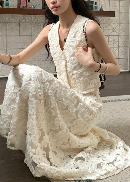 Beige V Neck High Waist Cotton Two Pieces Set Sleeveless