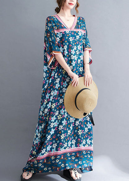 Navy V Neck Print Oversized Cotton Long Dress Gown Short Sleeve