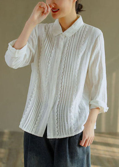 White Peter Pan Collar Lace Patchwork Wrinkled Cotton Shirt Top Spring