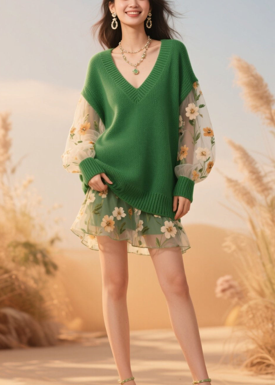Green V Neck Tulle Patchwork Knit Sweaters Fall