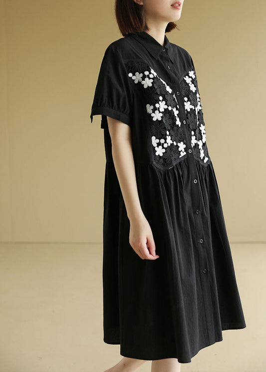 Black Button Peter Pan Collar Embroideried Cotton Shirt Pleated Dress Short Sleeve
