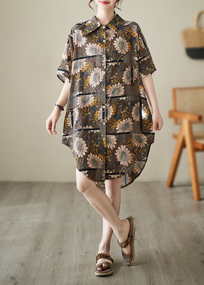 French Chocolate Peter Pan Collar Print Cotton Shirt Dresses Summer
