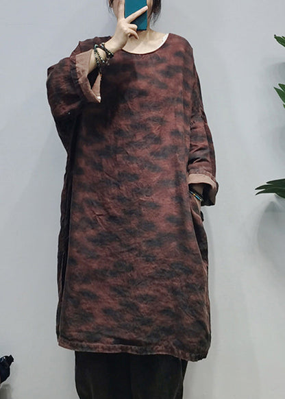 Loose Green O-neck Side Open Linen Dresses Caftan Long Sleeve