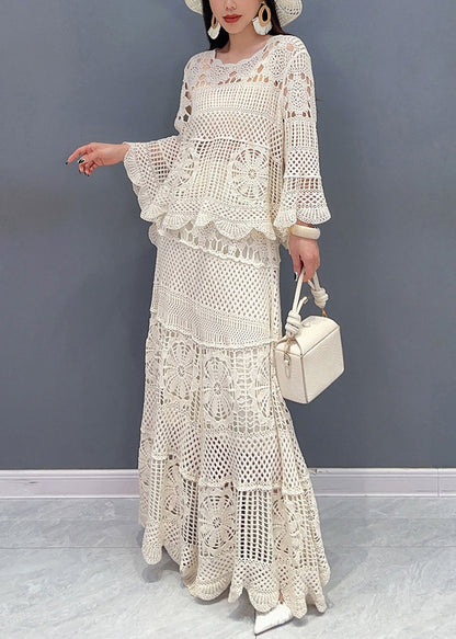 Beige Hollow Out Tops and Skirts Knit Two Piece Set Long Sleeve