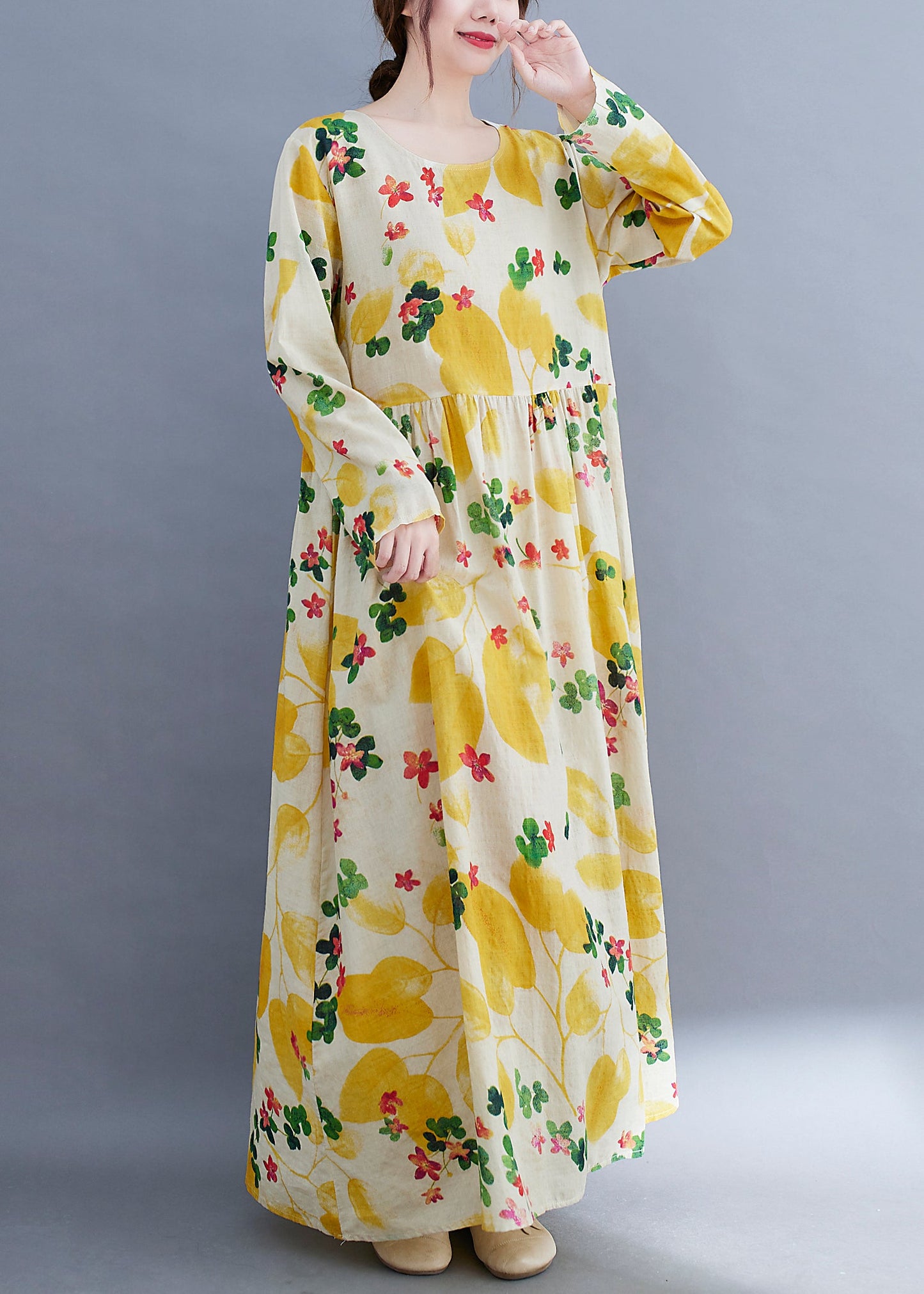 Boutique Yellow O-neck Cinched Pockets Beach Dress Long Sleeve