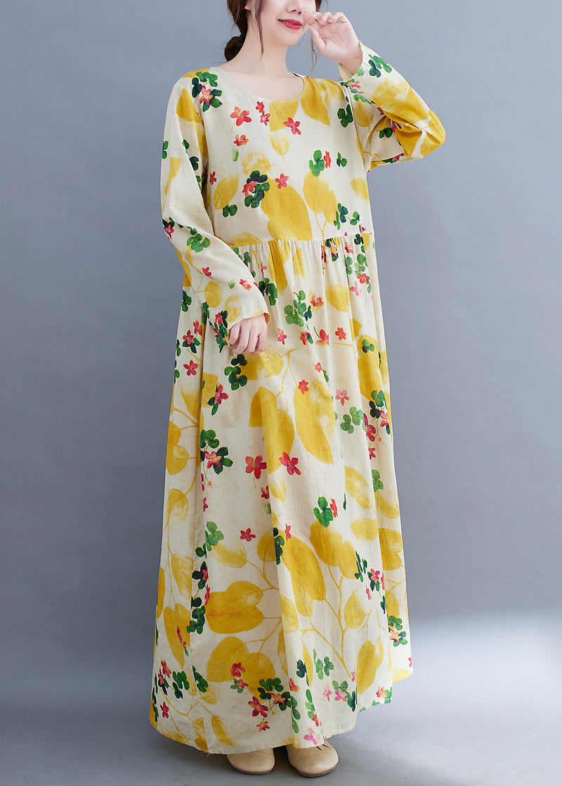 Boutique Yellow O-neck Cinched Pockets Beach Dress Long Sleeve