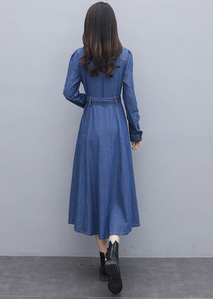 Italian Blue Square Collar Button Pockets Sashes Cotton Denim Long Dresses Long Sleeve