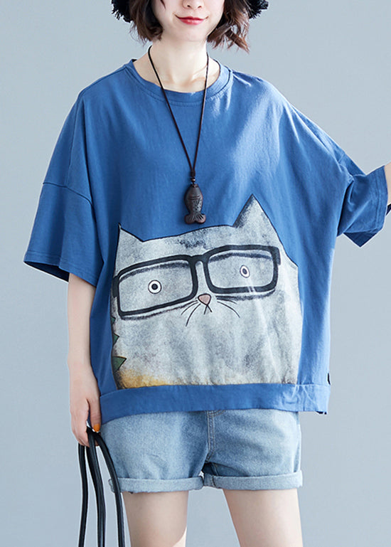 French Light Blue O-neck Side Open Character Print Tank Tops Short Sleeve