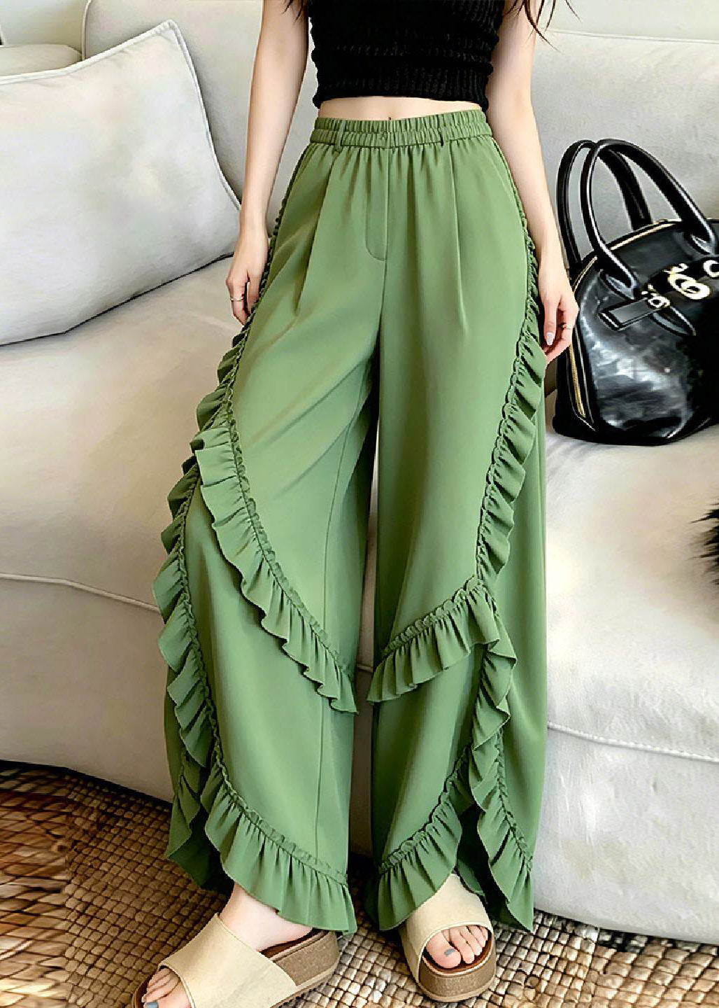 Green Asymmetrical Ruffled Patchwork Pants