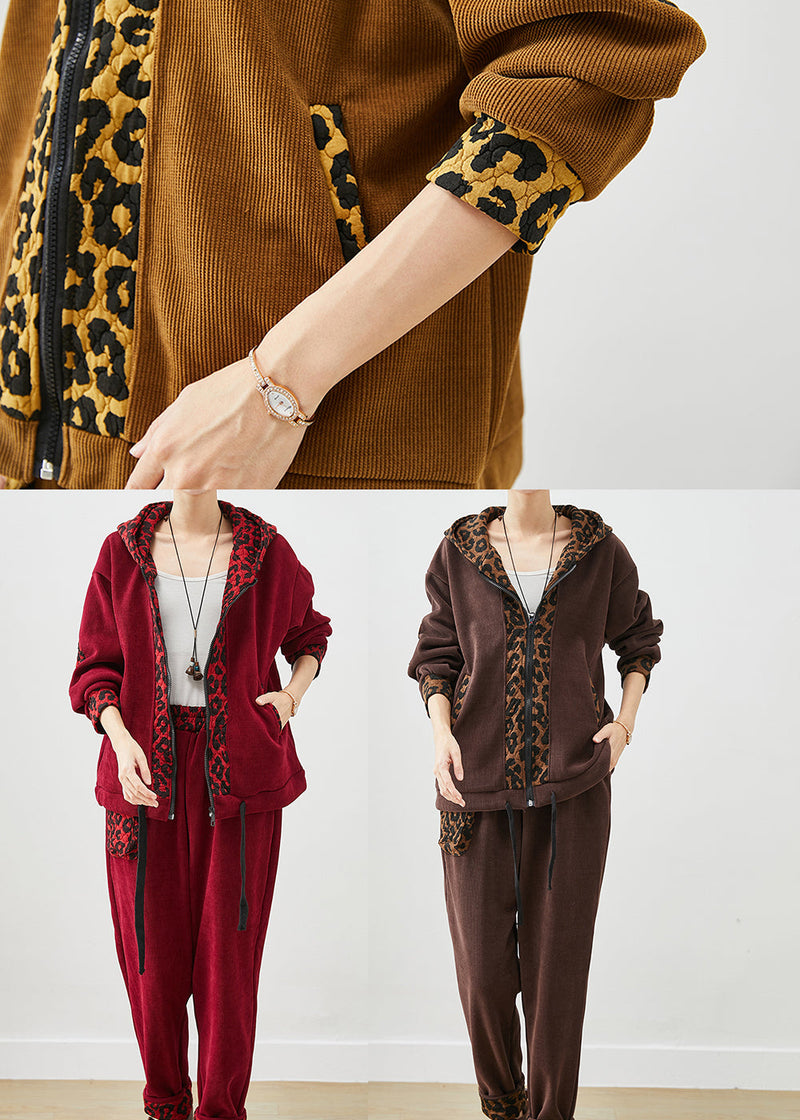 Mulberry Hooded Patchwork Leopard Warm Fleece Two Pieces Set Winter