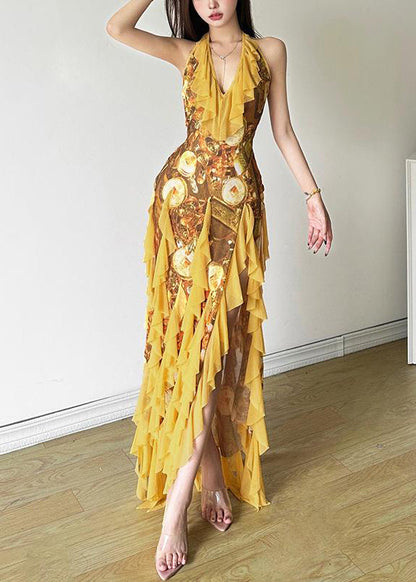 Yellow Ruffled Print Front Open Tulle Dress Sleeveless