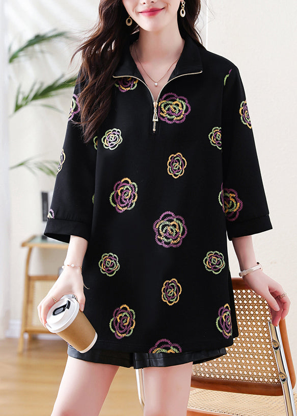 Black Zip Up Print Cotton Sweatshirts Top Fall