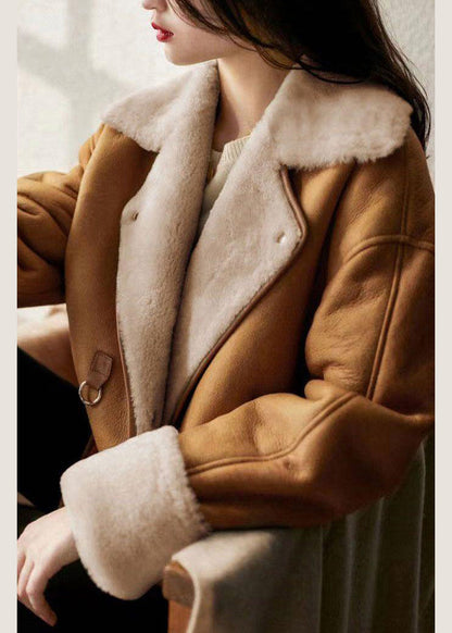 Camel Peter Pan Collar Pockets Warm Fleece Faux Suede Coat Long Sleeve