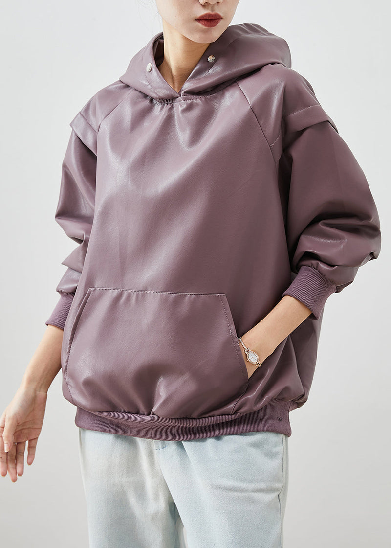 Boutique Purple Hooded Faux Leather Sweatshirts Top Fall