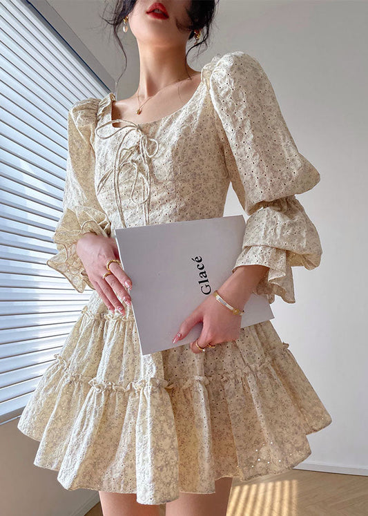 Beige Square Collar Ruffled Print Cotton Dress Two Piece Set Long Sleeve