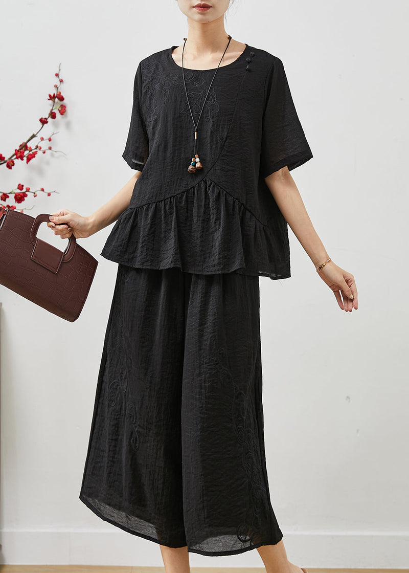 Black Embroidered Patchwork Linen Two Pieces Set Summer