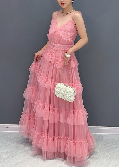 Pink V Neck Ruffled Tulle Spaghetti Strap Dress Sleeveless