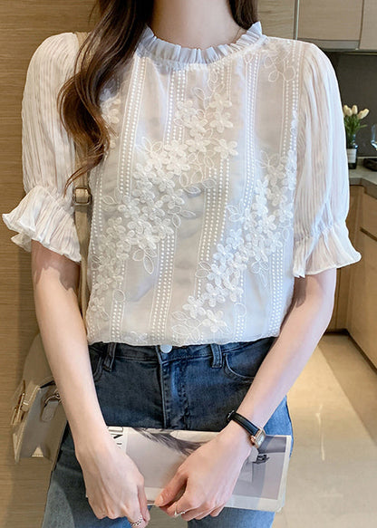 White Embroidered Chiffon Shirts Summer