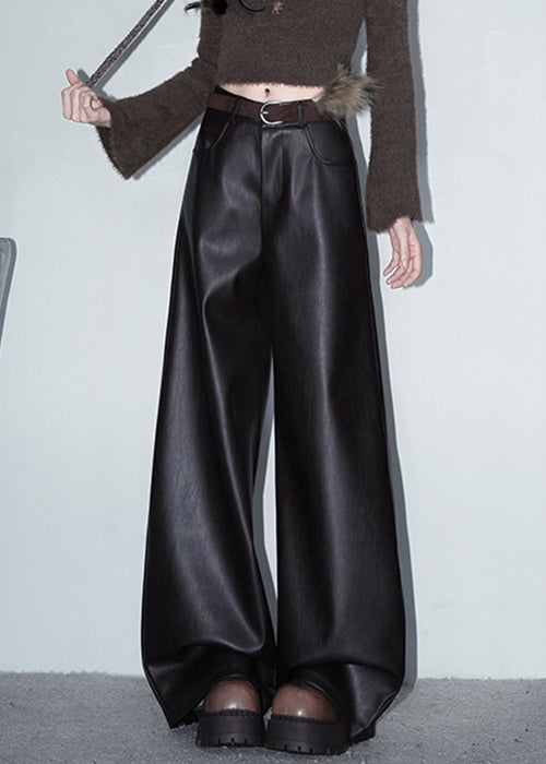 Coffee Pockets Faux Leather Pants High Waist