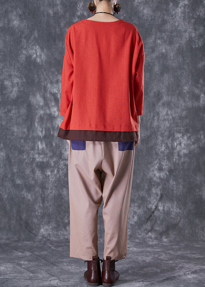 Red Oversized Patchwork Cotton Two Piece Set Clothing Fall