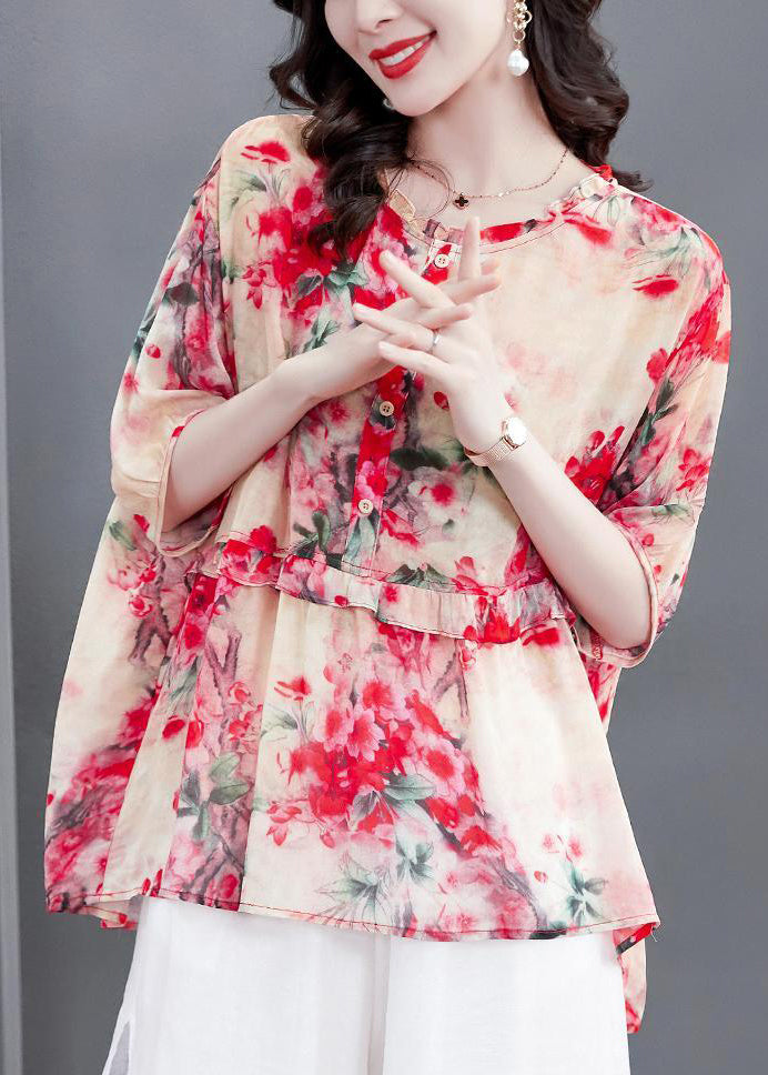 Modern Red Print O-neck Ruffled Chiffon Tops Half Sleeve