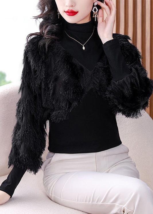 Black Turtleneck Fuzzy Fur Fluffy Patchwork Fake Two Pieces Tops Fall