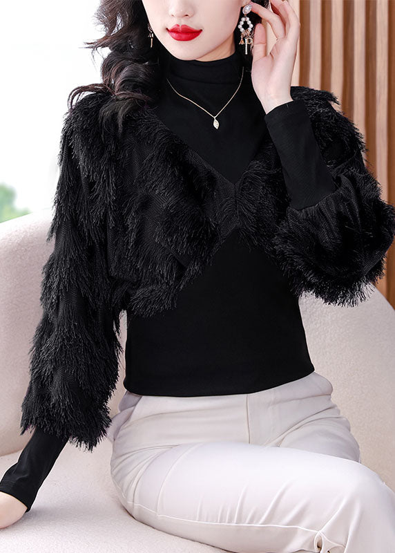 Black Turtleneck Fuzzy Fur Fluffy Patchwork Fake Two Pieces Tops Fall