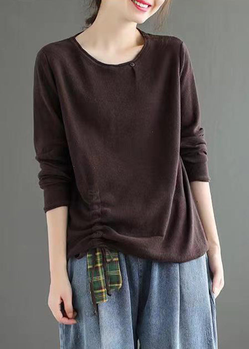 Light Camel O Neck Drawstring Patchwork Cotton Top Fall