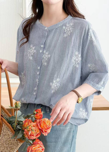 Blue Striped Cotton Loose Shirt Embroidered Summer
