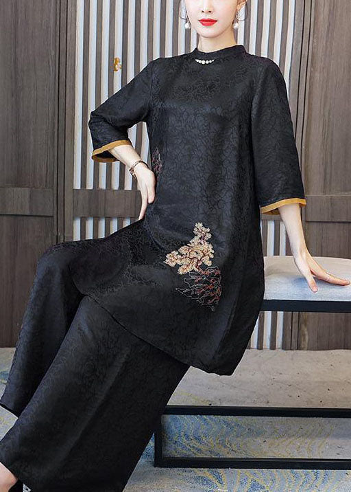 Black Stand Collar Embroideried Silk Tops and Pants Outfit Summer